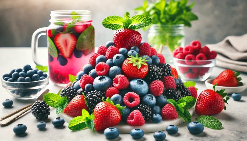 Assorted berries (blueberries, raspberries, strawberries) with mint leaves and detox-infused water on a marble countertop, symbolizing natural appetite suppression