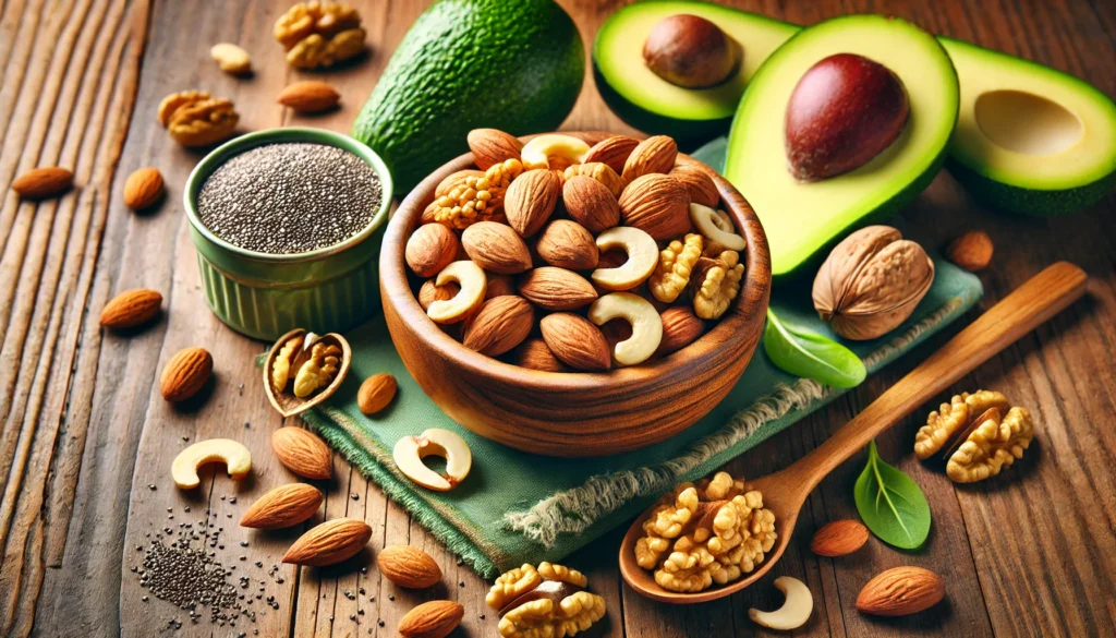 Mixed nuts (almonds, walnuts, pistachios) with avocado slices and chia seeds on a wooden table, representing healthy fats and appetite suppression.