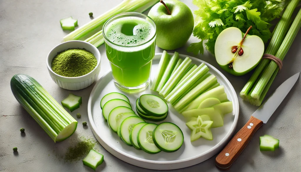 Sliced cucumber, celery sticks, and green apple slices with green detox juice on a white plate, conveying natural fat burning and appetite control