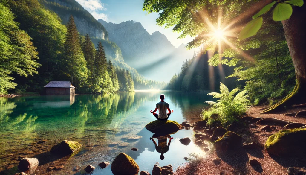 A man meditating by a clear mountain lake surrounded by lush greenery and sunlight, representing wellness, mental clarity, and the rejuvenating effects of a body detox cleanse