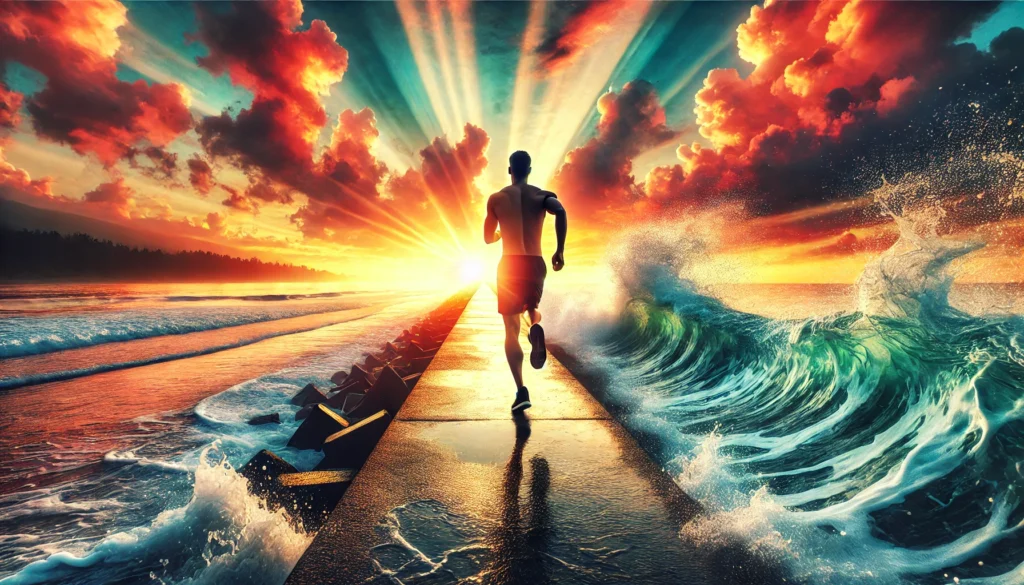 A man jogging along a scenic coastal trail at sunrise with vibrant skies and crashing waves, emphasizing energy, vitality, and the benefits of a body detox cleanse for an active lifestyle