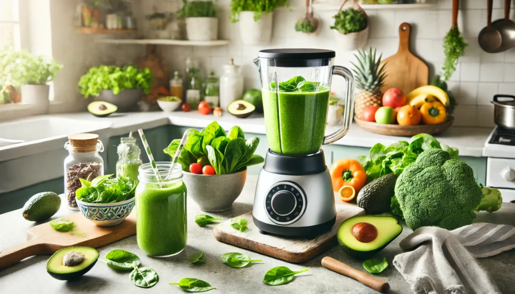 A kitchen scene with a blender filled with green detox smoothie ingredients including spinach, avocado, and coconut water, surrounded by fresh fruits and vegetables, symbolizing healthy living and natural body cleansing