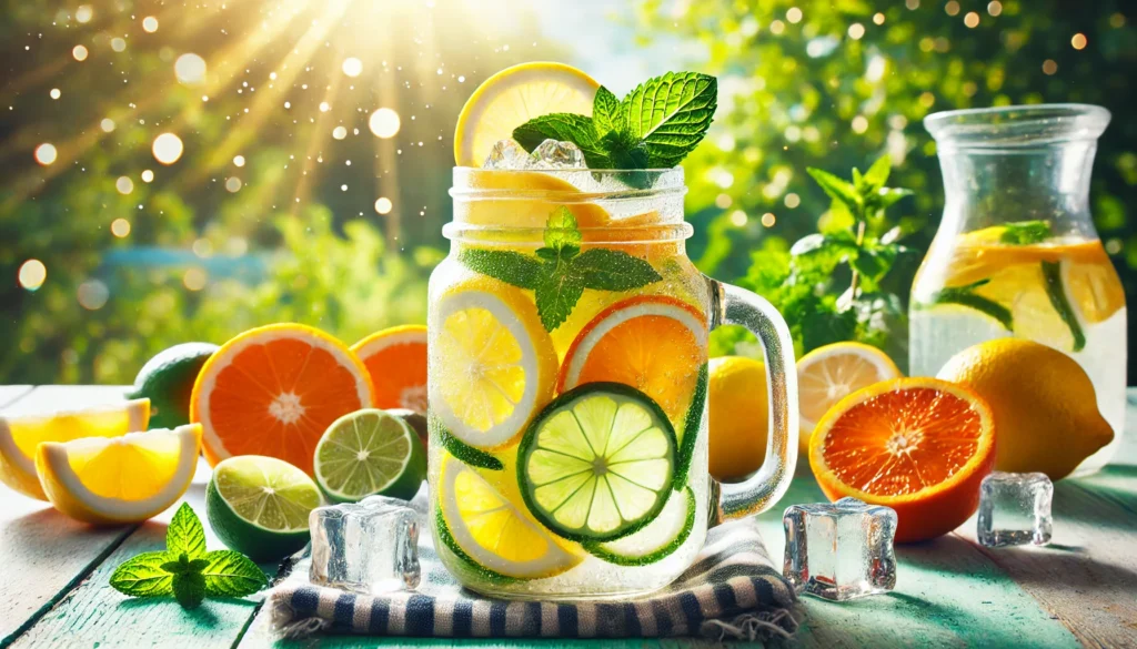 Citrus detox drink with lemon, lime, and orange slices floating in a glass jar with ice cubes and mint leaves, set against a bright outdoor background