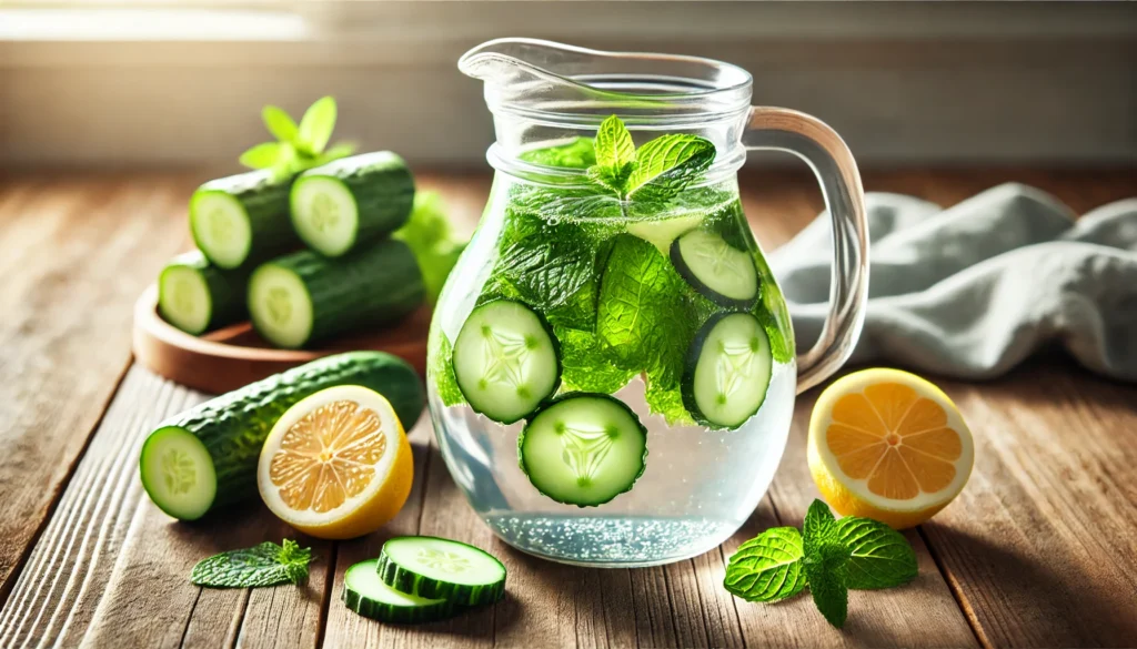 Detox water infused with cucumber slices, fresh mint leaves, and lemon wedges in a transparent pitcher on a wooden surface with natural light highlighting freshness