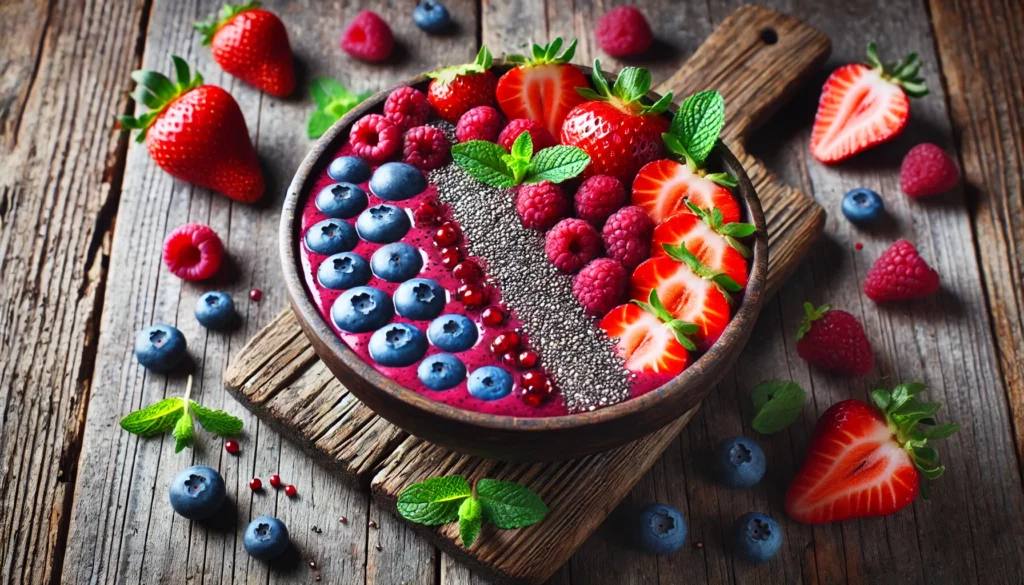 Berry detox smoothie bowl with strawberries, blueberries, raspberries, chia seeds, and mint leaves arranged beautifully on a rustic wooden table, vibrant and health-focused