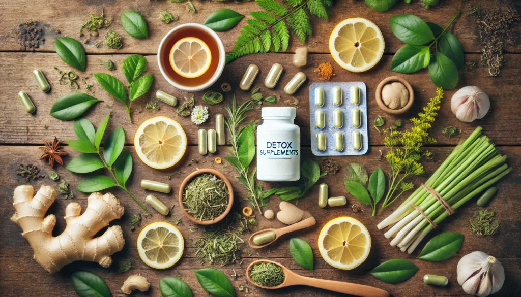 Flat lay of detox supplements with green tea leaves, fresh herbs, lemon slices, and ginger on a rustic wooden surface, emphasizing natural detox and wellness