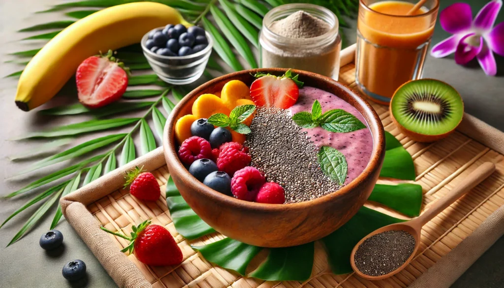 Serene smoothie bowl with colorful fruits, chia seeds, and a scoop of weight loss powder for women, set against a tropical spa-like background