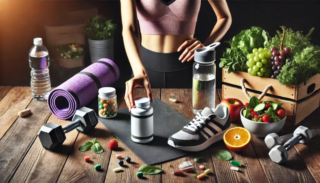 Fitness-themed scene showing a woman's hand reaching for a supplement bottle with yoga mat, dumbbells, water bottle, and fresh fruits, symbolizing balanced weight loss and detox