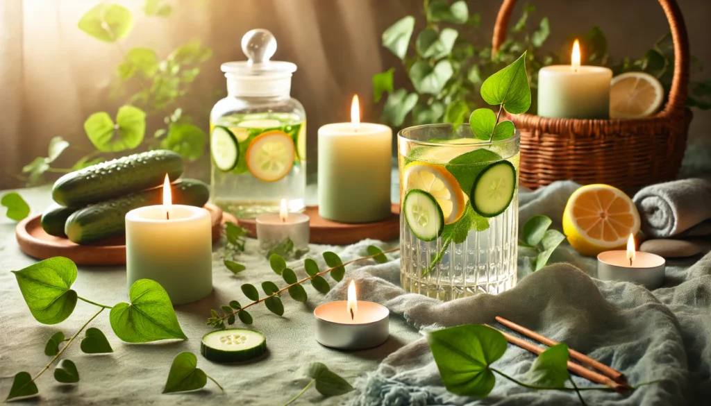 Spa-like setting with aromatic candles, detox water infused with cucumber and lemon slices, and soft green leaves, evoking a calm and cleansing wellness atmosphere