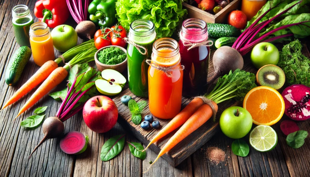 Colorful detox juices in glass bottles with fresh fruits and vegetables like carrots, beets, apples, and leafy greens on a rustic wooden table, representing vitality and health