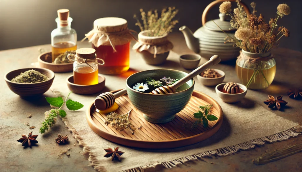 A bowl of detoxifying herbal tea surrounded by dried herbs, flowers, and a wooden honey dipper on a bamboo mat, conveying calmness, purification, and holistic health