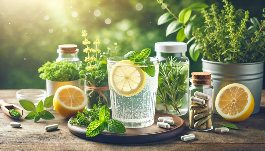 Glass of lemon-infused water surrounded by fresh herbs and natural detox supplements, evoking a serene and wellness-focused atmosphere