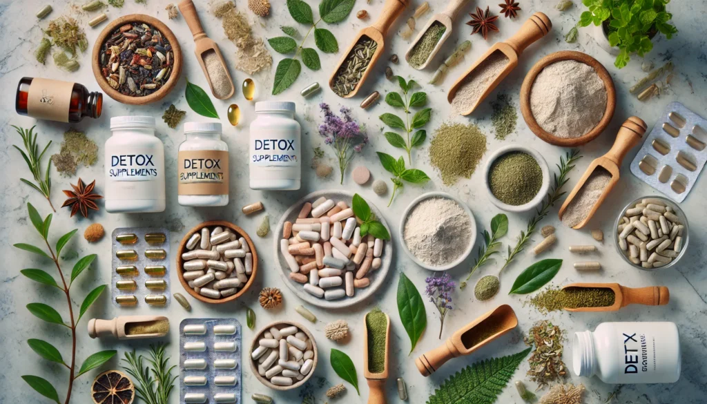 Flat-lay composition of detox supplements like capsules, powders, and herbal extracts on a marble surface, accompanied by dried herbs and green leaves for a clean, organic look