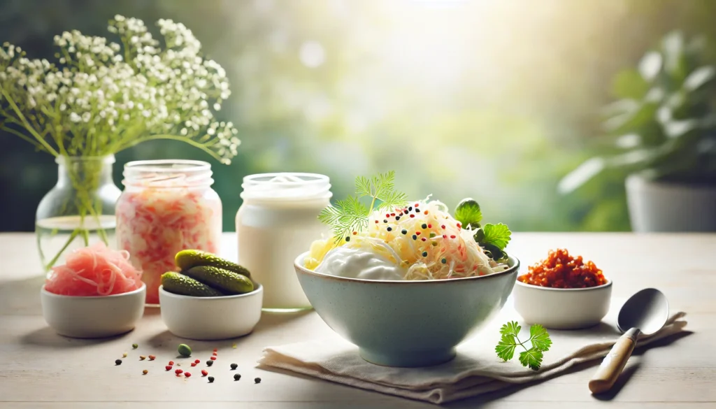 Bowl of mixed gut-friendly fermented foods, including sauerkraut, kimchi, and yogurt, placed on a light wooden table with a bright and airy background, representing gut health and nutrition