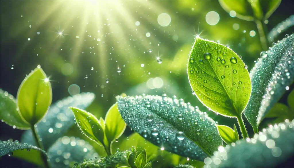 Close-up of dewdrops on fresh green leaves glistening under soft sunlight, representing freshness and natural detoxification