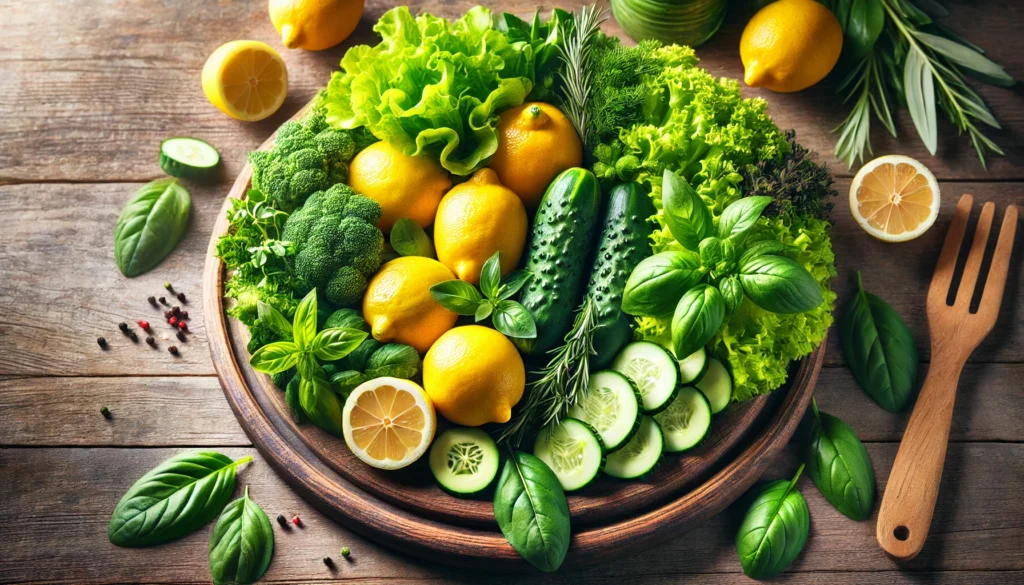 Vibrant arrangement of lemons, cucumbers, leafy greens, and herbs on a wooden surface, symbolizing detoxification and vitality