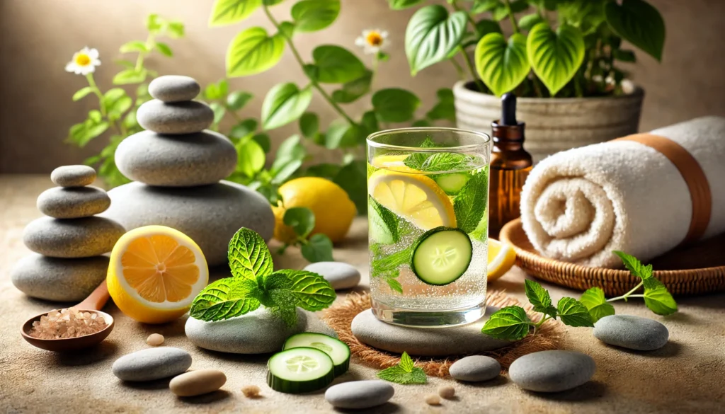 Peaceful spa scene with a glass of infused detox water containing lemon slices, cucumber, and mint leaves, evoking cleansing and well-being