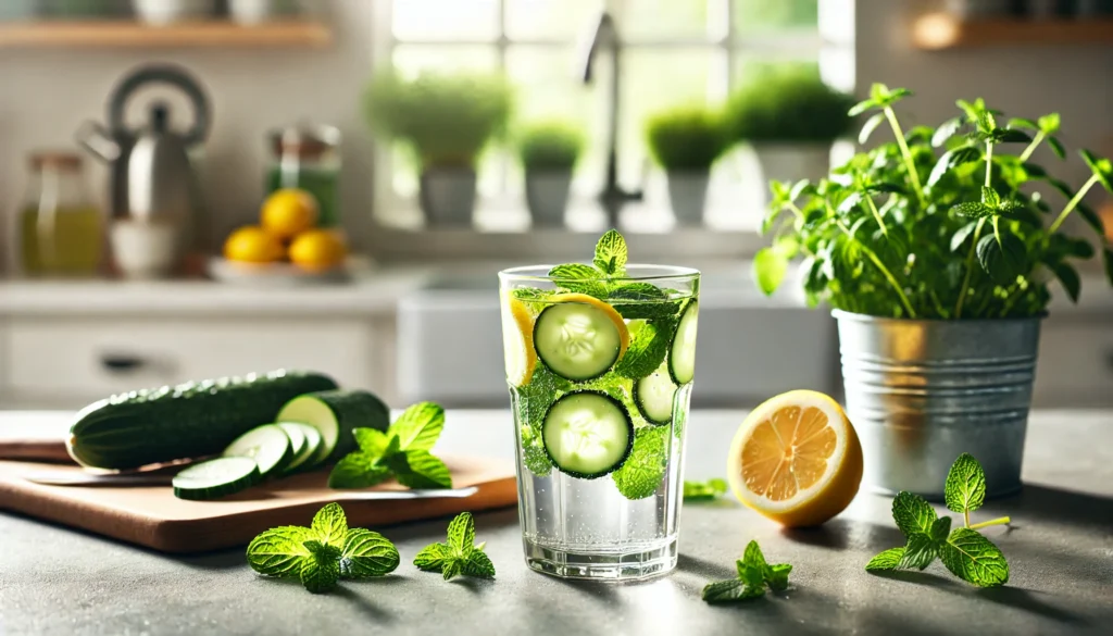 Glass of detox water with lemon, cucumber, and mint on a minimalist kitchen counter, emphasizing hydration and digestive health