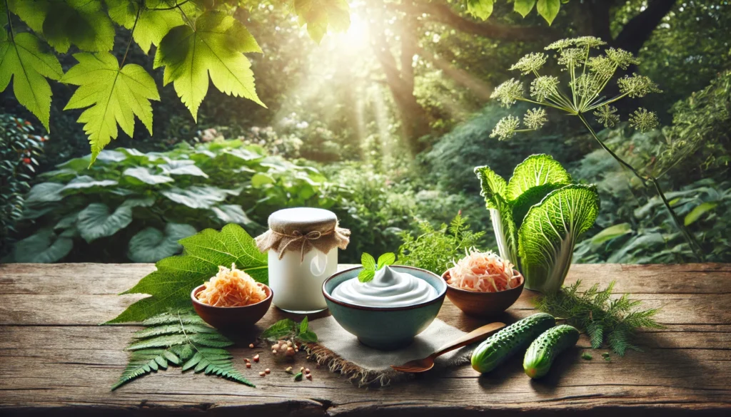 Bowl of probiotic-rich foods like yogurt, sauerkraut, and kimchi outdoors amidst lush greenery, representing gut health and digestive balance