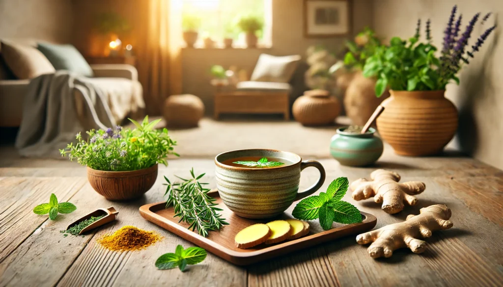 Rustic ceramic cup of herbal tea surrounded by fresh ginger, turmeric, and peppermint in a cozy, softly lit room, highlighting natural detoxification and digestive relaxation