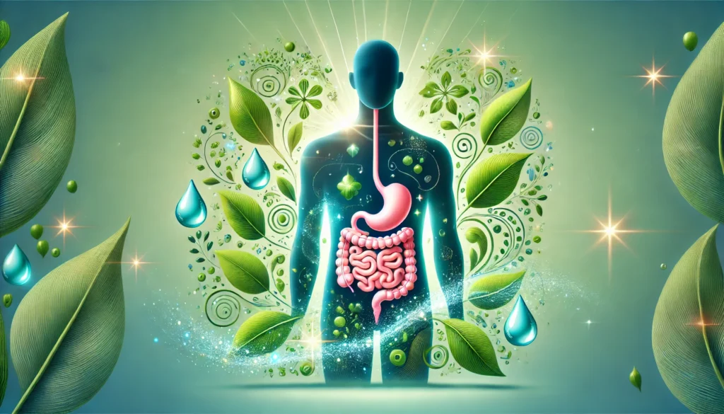 Human silhouette with highlighted digestive organs and swirling detox symbols, representing internal cleansing promoted by detox diet pills, on a vibrant green and blue backgroun