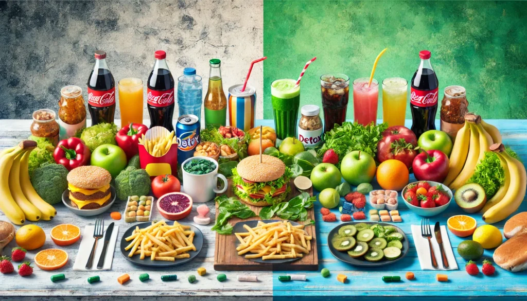 Contrasting image of junk food versus detox foods, including green smoothies and detox pills, symbolizing the choice between unhealthy habits and a detox lifestyle for weight loss