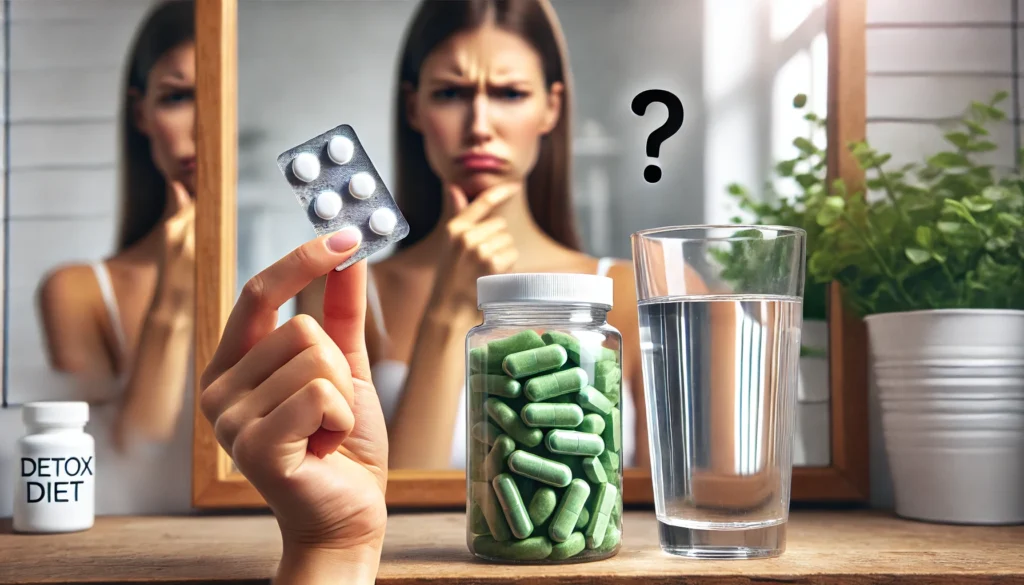 Hand holding a detox diet pill next to a glass of water with a skeptical reflection in the mirror, symbolizing doubt and curiosity about detox pills' effectiveness for weight loss