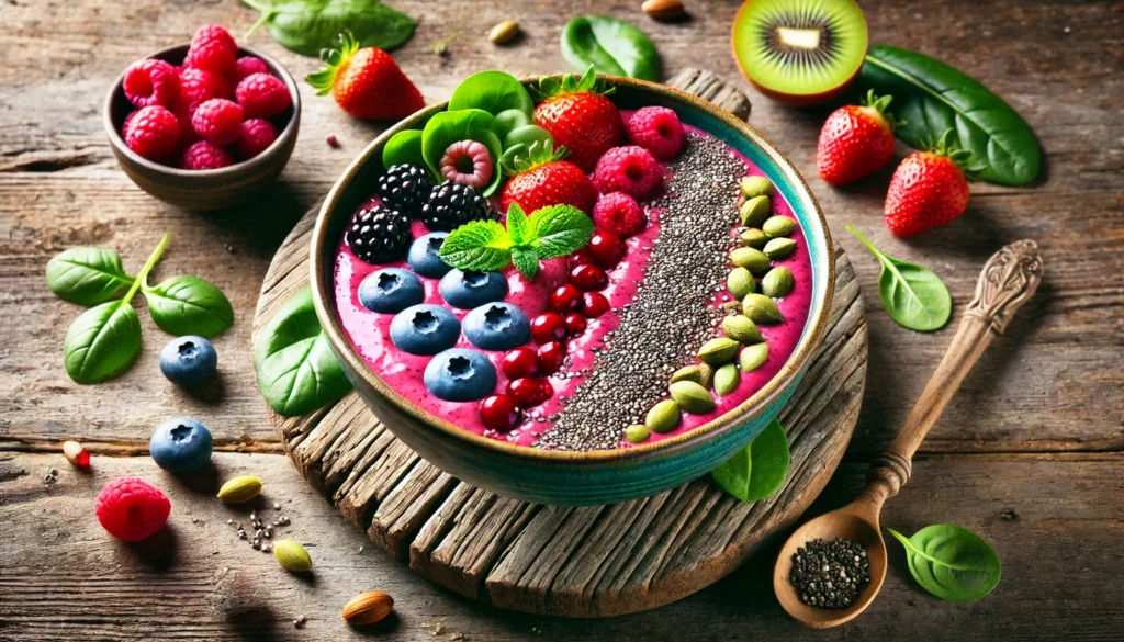 Vibrant detox smoothie bowl with mixed berries, chia seeds, and leafy greens on a rustic wooden table, representing detoxification and body cleansing