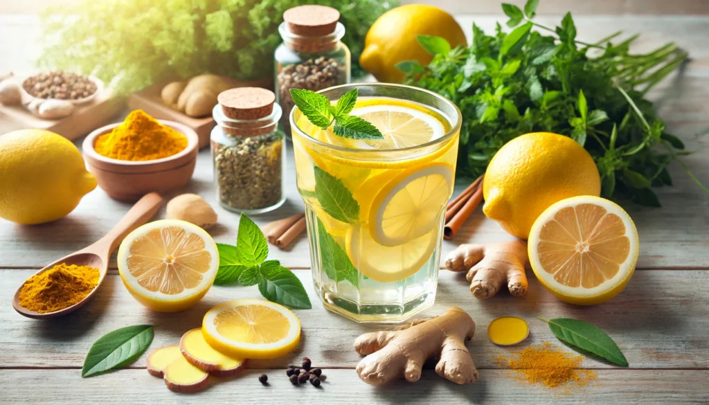 Glass of detox water infused with lemon slices, ginger, and turmeric on a light wooden table surrounded by fresh herbs, radiating vitality and natural healing