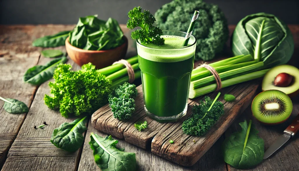 Detox green juice made with kale, spinach, and celery in a tall glass with a straw on a rustic wooden table, conveying freshness, health, and natural detoxification