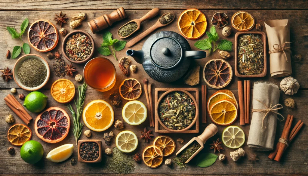 Flat lay of detox herbal tea ingredients including dried herbs and citrus fruits on a rustic wooden table, emphasizing wellness and weight loss