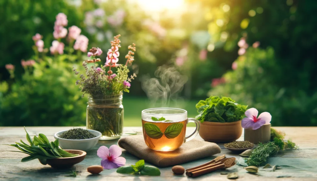 Outdoor scene with a cup of detox herbal tea, blooming flowers, and lush greenery, representing health, weight loss, and natural wellness