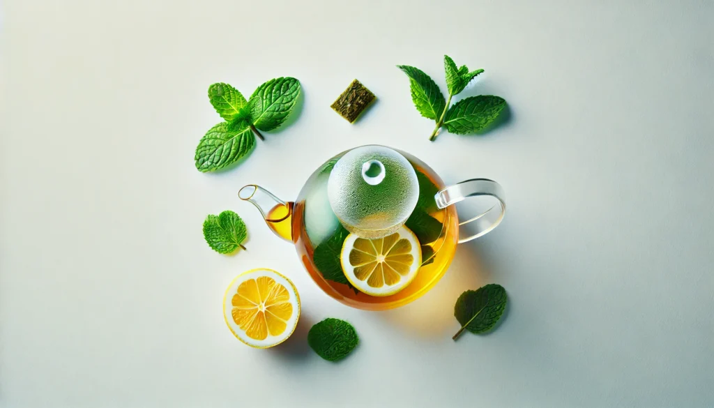 Minimalist composition of glass teapot with detox herbal tea, fresh mint leaves, and sliced lemon on a clean white surface, conveying freshness and wellness