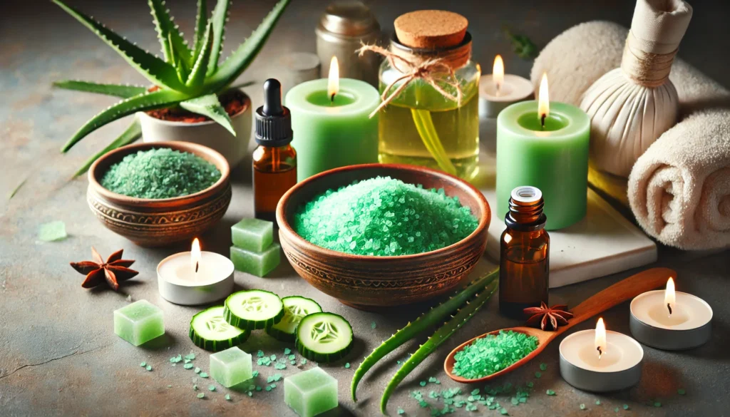 Spa-like setting with detoxifying herbal bath salts, essential oils, and green tea candles alongside sliced cucumbers and aloe vera, emphasizing holistic detox and relaxation