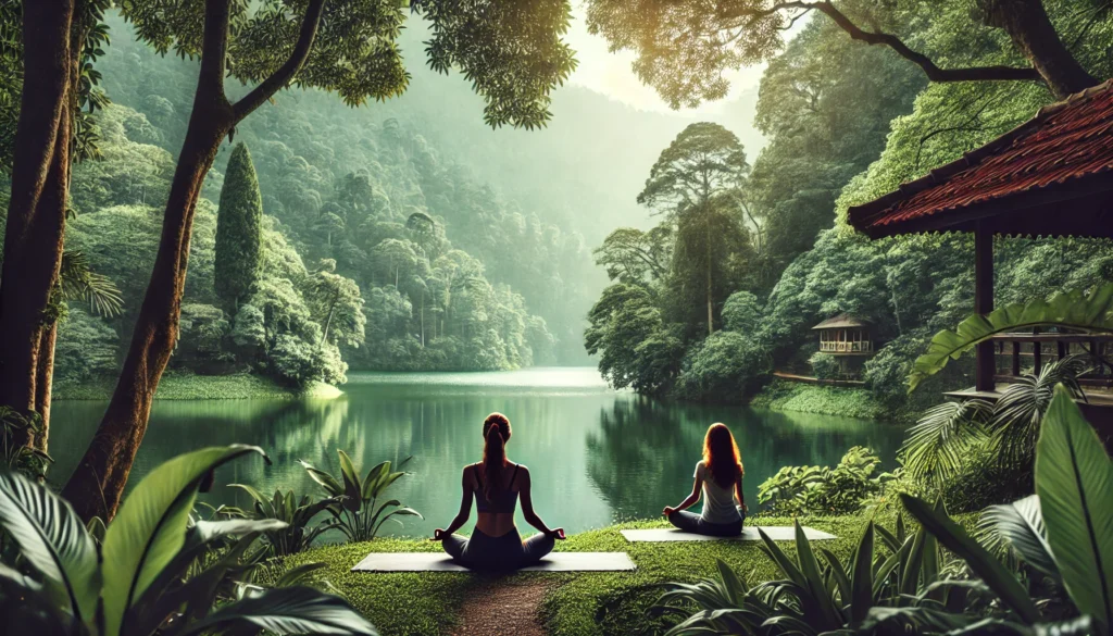 Woman practicing meditation by a serene lake surrounded by lush greenery, depicting mental detox and holistic wellness through mindfulness and nature connection