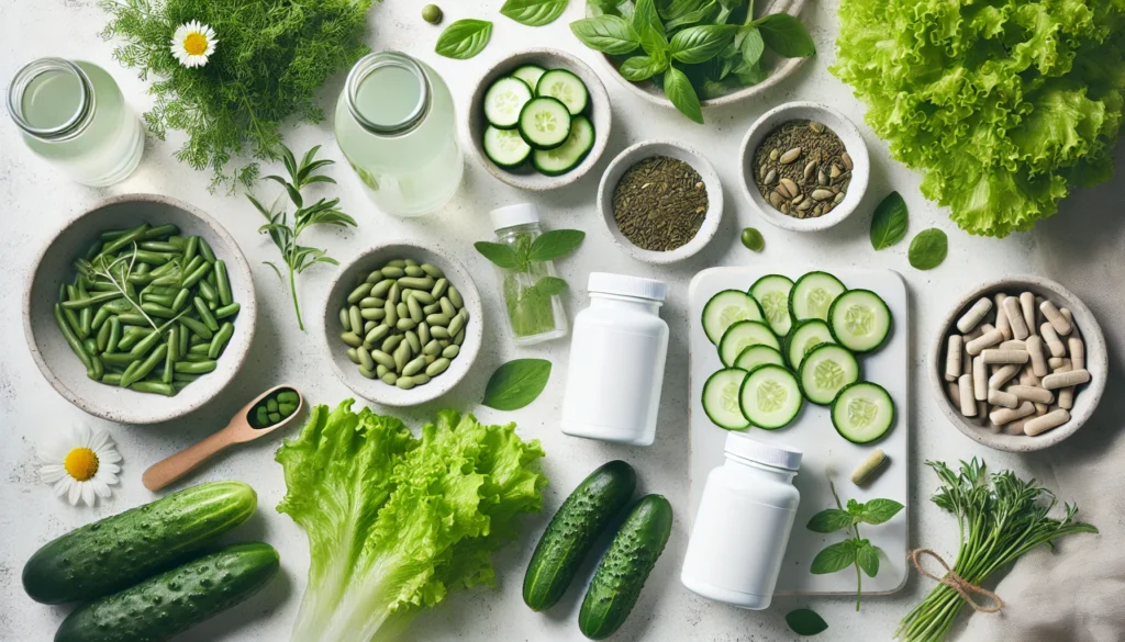 Flat lay of detox and cleansing supplements with cucumbers, leafy greens, and herbs, highlighting a minimalist, wellness-inspired composition