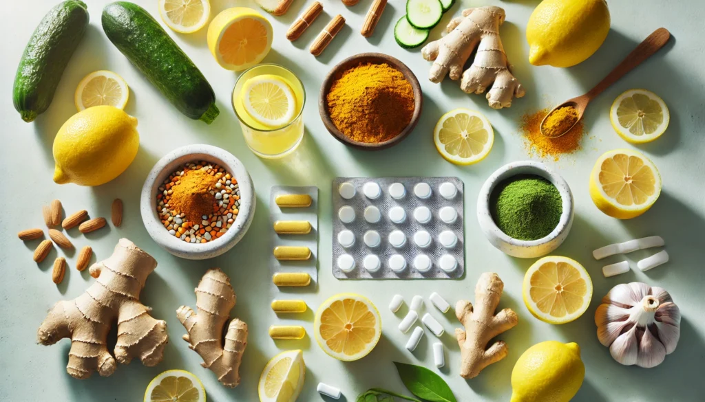 Detox pills and cleansing supplements with ginger, turmeric, and lemon slices, set in a vibrant, clean scene emphasizing natural detoxification