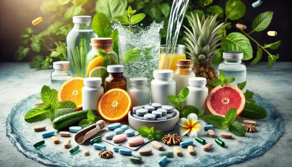 Detox supplements and cleansing pills with flowing water, fresh mint leaves, and citrus fruits, evoking hydration and natural wellness