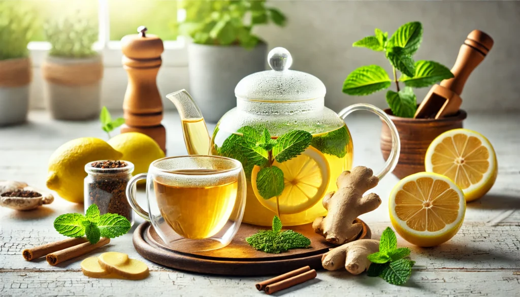 Refreshing detox tea setup with glass teapot and cup, surrounded by lemon, ginger, and mint, evoking vitality and wellness