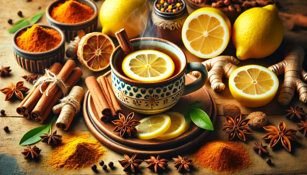 Inviting detox tea with ceramic cup steaming hot, surrounded by turmeric, lemon, and cinnamon sticks, conveying energy and cleansing