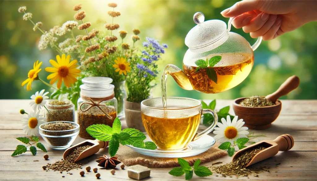 Golden detox tea being poured from a transparent teapot into a glass cup, surrounded by chamomile, peppermint, and fennel seeds, highlighting natural colon cleanse benefits