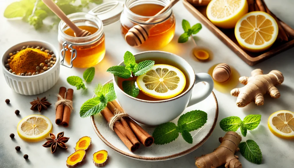 Herbal detox tea with floating lemon slices and fresh mint leaves, accompanied by cinnamon sticks, turmeric roots, and honey on a marble countertop, promoting digestive wellness