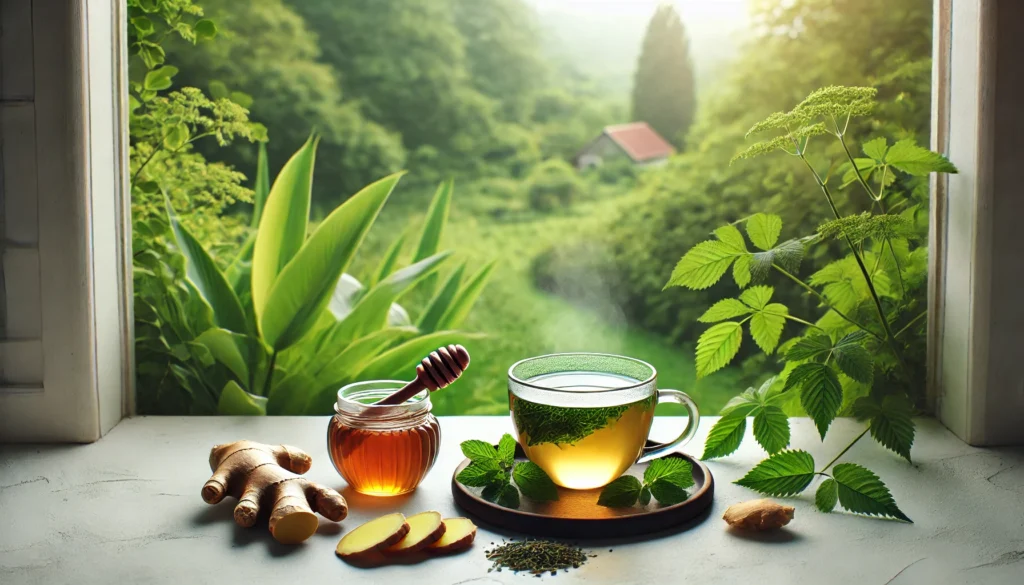 Steaming cup of detox tea on a windowsill with ginger slices, green tea leaves, and honey, overlooking a lush garden, evoking calmness and natural digestive health