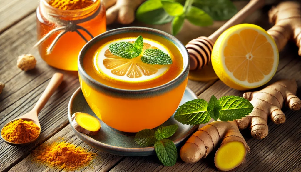 Close-up of steaming turmeric detox tea with vibrant orange hues, garnished with lemon and mint, surrounded by turmeric roots, ginger, and honey on a rustic wooden table, symbolizing natural cleansing