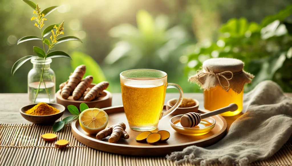 Serene scene of golden turmeric tea on a bamboo tray with turmeric roots, lemon slices, and honey, set against a backdrop of greenery and sunlight for a tranquil, wellness-inspired ambiance