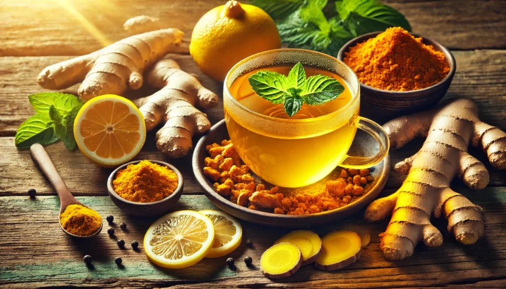 Artistic composition of turmeric detox tea in a transparent teacup, surrounded by fresh turmeric roots, ginger slices, lemon wedges, and mint, on a rustic wooden table bathed in sunlight, emphasizing health and vitality