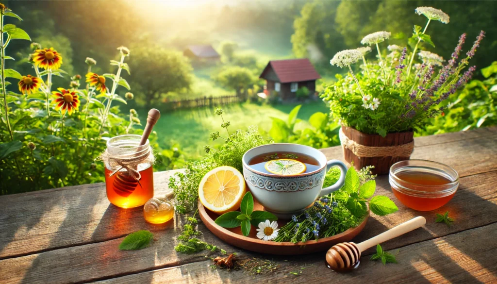 Serene morning scene with a cup of herbal detox tea on a wooden balcony overlooking a lush green garden, accompanied by fresh herbs, lemon slices, and honey. Calming and natural, symbolizing health and relaxation