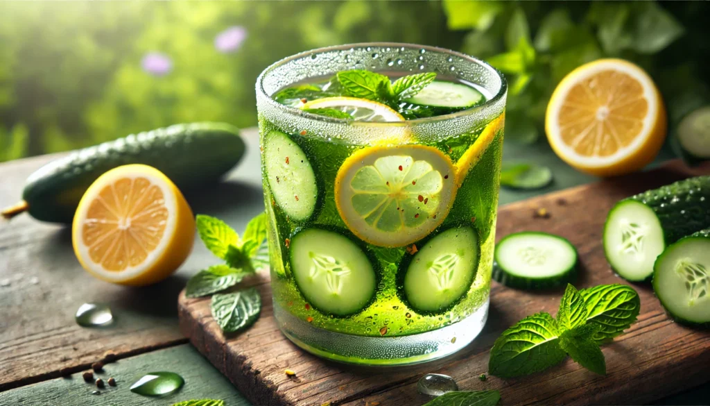 Close-up of a glass of green detox tea infused with cucumber slices, mint leaves, and lemon zest with condensation on the glass. Vibrant and refreshing, set against a natural garden background