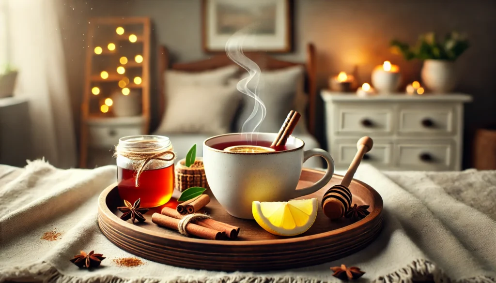 Steaming cup of detox tea on a rustic wooden tray with honey, cinnamon sticks, and lemon slices. Cozy indoor setting with soft lighting, evoking warmth, wellness, and relaxation