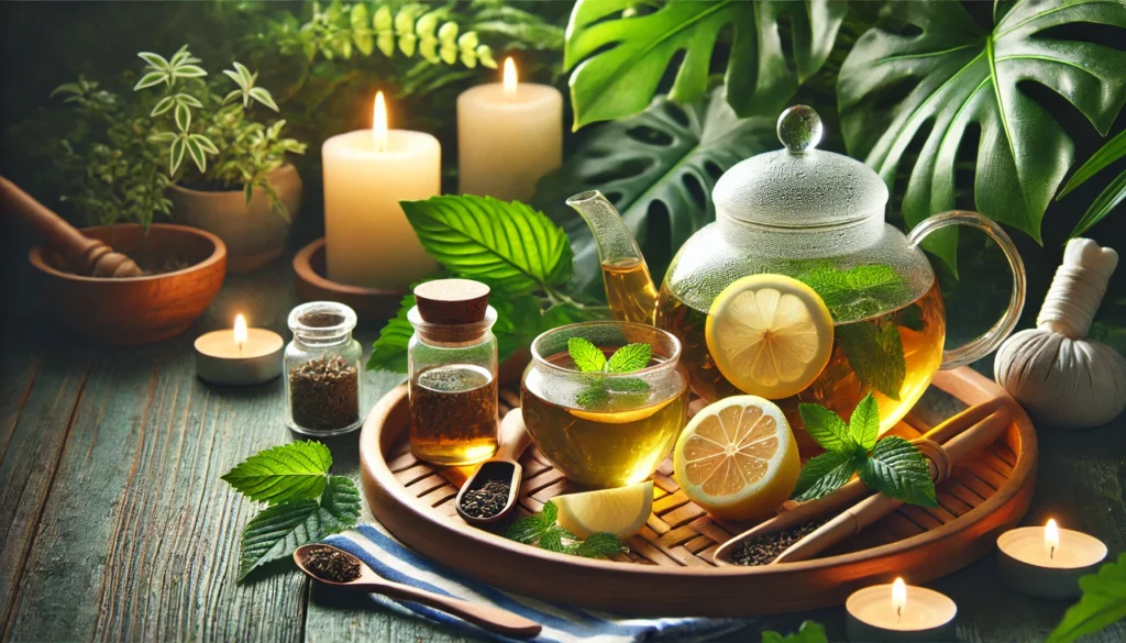 Serene spa setting with detoxifying herbal tea, lemon slices, mint leaves, and a glass teapot on a bamboo tray surrounded by candles and lush greenery, evoking relaxation and body renewal